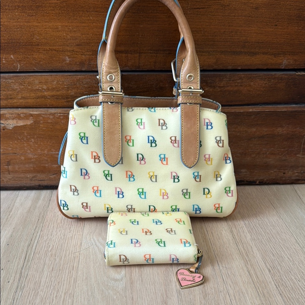 Dooney & Bourke Cream Satchel with Leather Trim & Matching Waller
